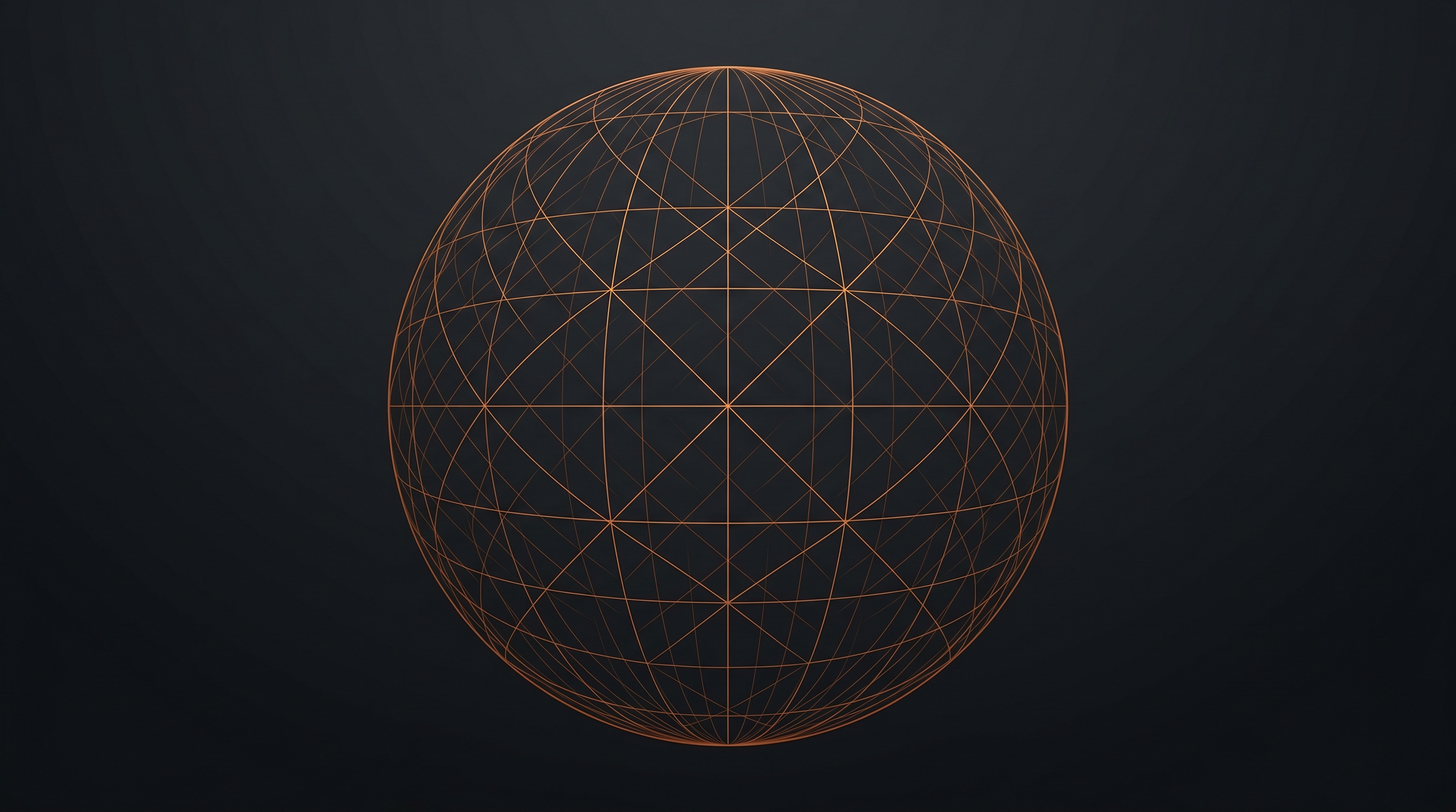 Abstract wireframe sphere representing global operational reach - amber on dark background